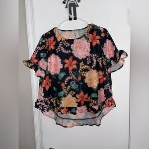 Double Take Floral Green pink Flutter Sleeve Top Small